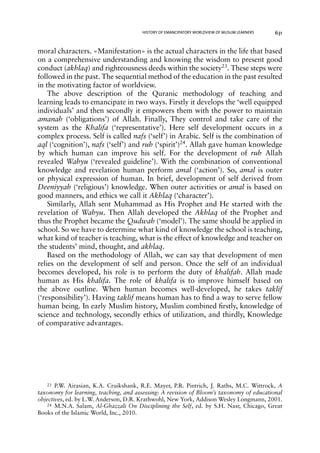 HISTORY OF EMANCIPATORY WORLDVIEW OF MUSLIM LEARNERS 631 
moral characters. «Manifestation» is the actual characters in the life that based 
on a comprehensive understanding and knowing the wisdom to present good 
conduct (akhlaq) and righteousness deeds within the society23. These steps were 
followed in the past. The sequential method of the education in the past resulted 
in the motivating factor of worldview. 
The above description of the Quranic methodology of teaching and 
learning leads to emancipate in two ways. Firstly it develops the ‘well equipped 
individuals’ and then secondly it empowers them with the power to maintain 
amanah (‘obligations’) of Allah. Finally, They control and take care of the 
system as the Khalifa (‘representative’). Here self development occurs in a 
complex process. Self is called nafs (‘self’) in Arabic. Self is the combination of 
aql (‘cognition’), nafs (‘self’) and ruh (‘spirit’)24. Allah gave human knowledge 
by which human can improve his self. For the development of ruh Allah 
revealed Wahyu (‘revealed guideline’). With the combination of conventional 
knowledge and revelation human perform amal (‘action’). So, amal is outer 
or physical expression of human. In brief, development of self derived from 
Deeniyyah (‘religious’) knowledge. When outer activities or amal is based on 
good manners, and ethics we call it Akhlaq (‘character’). 
Similarly, Allah sent Muhammad as His Prophet and He started with the 
revelation of Wahyu. Then Allah developed the Akhlaq of the Prophet and 
thus the Prophet became the Qudwah (‘model’). The same should be applied in 
school. So we have to determine what kind of knowledge the school is teaching, 
what kind of teacher is teaching, what is the effect of knowledge and teacher on 
the students’ mind, thought, and akhlaq. 
Based on the methodology of Allah, we can say that development of men 
relies on the development of self and person. Once the self of an individual 
becomes developed, his role is to perform the duty of khalifah. Allah made 
human as His khalifa. The role of khalifa is to improve himself based on 
the above outline. When human becomes well-developed, he takes taklif 
(‘responsibility’). Having taklif means human has to find a way to serve fellow 
human being. In early Muslim history, Muslim combined firstly, knowledge of 
science and technology, secondly ethics of utilization, and thirdly, Knowledge 
of comparative advantages. 
23 P.W. Airasian, K.A. Cruikshank, R.E. Mayer, P.R. Pintrich, J. Raths, M.C. Wittrock, A 
taxonomy for learning, teaching, and assessing: A revision of Bloom’s taxonomy of educational 
objectives, ed. by L.W. Anderson, D.R. Krathwohl, New York, Addison Wesley Longmann, 2001. 
24 M.N.A. Salam, Al-Ghazzali On Disciplining the Self, ed. by S.H. Nasr, Chicago, Great 
Books of the Islamic World, Inc., 2010. 
 
