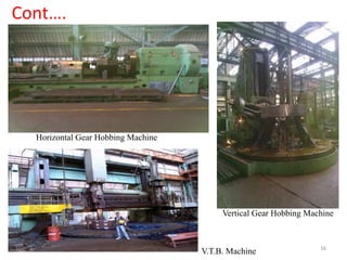 Cont….
Horizontal Gear Hobbing Machine
Vertical Gear Hobbing Machine
V.T.B. Machine 16
 
