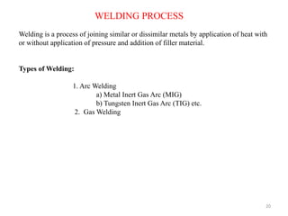 20
Welding is a process of joining similar or dissimilar metals by application of heat with
or without application of pressure and addition of filler material.
Types of Welding:
1. Arc Welding
a) Metal Inert Gas Arc (MIG)
b) Tungsten Inert Gas Arc (TIG) etc.
2. Gas Welding
WELDING PROCESS
 