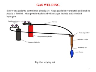 23
GAS WELDING
Slower and easier to control than electric arc. Uses gas flame over metals until molten
puddle is formed. Most popular fuels used with oxygen include acetylene and
hydrogen.
Fig. Gas welding set
 
