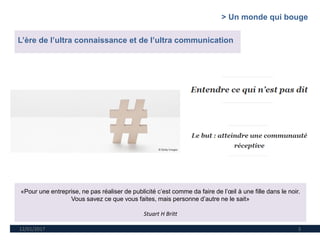 «Pour une entreprise, ne pas réaliser de publicité c’est comme da faire de l’œil à une fille dans le noir.
Vous savez ce que vous faites, mais personne d’autre ne le sait»
Stuart H Britt
12/01/2017 3
L’ère de l’ultra connaissance et de l’ultra communication
> Un monde qui bouge
 