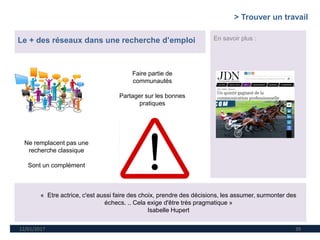 12/01/2017 39
Le + des réseaux dans une recherche d’emploi En savoir plus :
Faire partie de
communautés
Partager sur les bonnes
pratiques
Ne remplacent pas une
recherche classique
Sont un complément
« Etre actrice, c'est aussi faire des choix, prendre des décisions, les assumer, surmonter des
échecs. .. Cela exige d'être très pragmatique »
Isabelle Hupert
> Trouver un travail
 