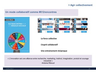 12/01/2017 43
Un mode collaboratif comme #612rencontres
« L’innovation est une alliance entre recherche, marketing, instinct, imagination, produit et courage
industriel »
Antoine Riboud
La force collective
L’esprit collaboratif
Une entrainement réciproque
> Agir collectivement
 