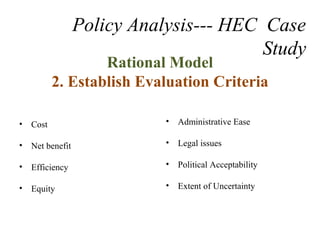 Rational Model
2. Establish Evaluation Criteria
• Cost
• Net benefit
• Efficiency
• Equity
• Administrative Ease
• Legal issues
• Political Acceptability
• Extent of Uncertainty
Policy Analysis--- HEC Case
Study
 