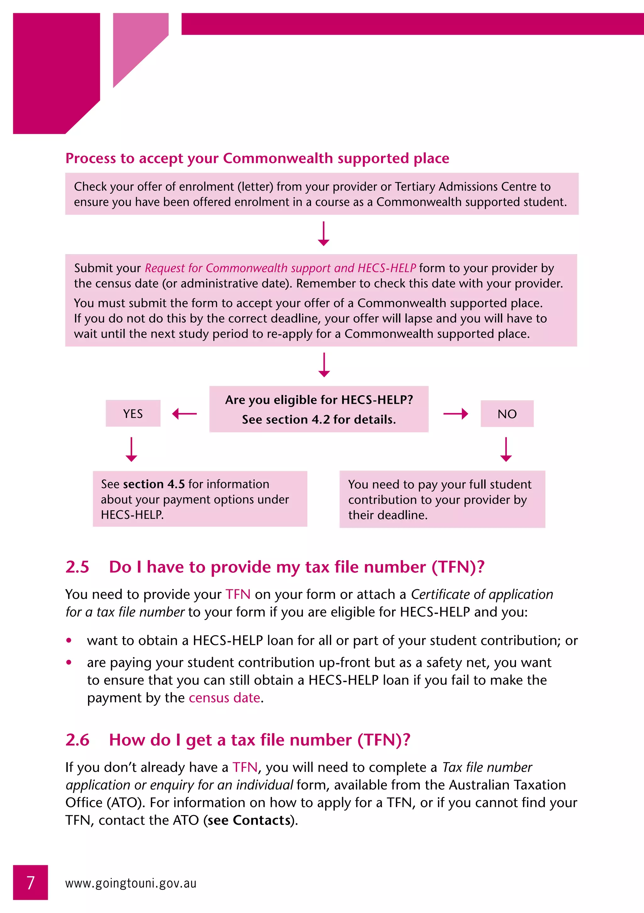 Process to accept your Commonwealth supported place
     Check your offer of enrolment (letter) from your provider or Tertiary Admissions Centre to
     ensure you have been offered enrolment in a course as a Commonwealth supported student.




     Submit your Request for Commonwealth support and HECS-HELP form to your provider by
     the census date (or administrative date). Remember to check this date with your provider.
     You must submit the form to accept your offer of a Commonwealth supported place. 	
     If you do not do this by the correct deadline, your offer will lapse and you will have to
     wait until the next study period to re-apply for a Commonwealth supported place.




                                 Are you eligible for HECS-HELP?
              YES                   See section 4.2 for details.                    NO




          See section 4.5 for information               You need to pay your full student
          about your payment options under 	            contribution to your provider by 	
          HECS-HELP.                                    their deadline.



    2.5	 Do I have to provide my tax file number (TFN)?
    You need to provide your TFN on your form or attach a Certificate of application
    for a tax file number to your form if you are eligible for HECS-HELP and you:

    •	 want to obtain a HECS-HELP loan for all or part of your student contribution; or
    •	 are paying your student contribution up-front but as a safety net, you want
       to ensure that you can still obtain a HECS-HELP loan if you fail to make the
       payment by the census date.


    2.6	 How do I get a tax file number (TFN)?
    If you don’t already have a TFN, you will need to complete a Tax file number
    application or enquiry for an individual form, available from the Australian Taxation
    Office (ATO). For information on how to apply for a TFN, or if you cannot find your
    TFN, contact the ATO (see Contacts).



7   www.goingtouni.gov.au
 