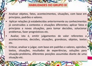 HABILIDADES DO GRUPO III 
•Analisarobjetos,fatos,acontecimentos,situações,combaseemprincípios,padrõesevalores. 
•Aplicarrelaçõesjáestabelecidasanteriormenteouconhecimentosjáconstruídosacontextosesituaçõesdiferentes;aplicarfatoseprincípiosanovassituações,paratomardecisões,solucionarproblemas,fazerprognósticosetc. 
•Avaliar,istoé,emitirjulgamentosdevalorreferentesaacontecimentos,decisões,situações,grandezas,objetos,textosetc. 
•Criticar,analisarejulgar,combaseempadrõesevalores,opiniões, textos,situações,resultadosdeexperiências,soluçõesparasituação-problema,diferentesposiçõesassumidasdiantedeumasituaçãoetc.  