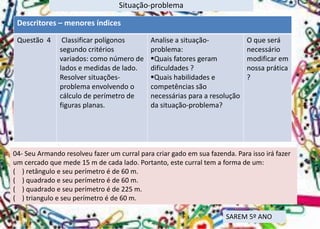 Situação-problema 
Descritores –menores índices 
Questão 4 
Classificar polígonos segundo critérios variados: como número de lados e medidas de lado. 
Resolver situações- problema envolvendo o cálculo de perímetro de figuras planas. 
Analise asituação- problema: 
Quaisfatores geram dificuldades ? 
Quais habilidades e competências são necessárias para a resolução da situação-problema? 
Oque será necessário modificar em nossa prática ? 
04-Seu Armando resolveu fazer um curral para criar gado em sua fazenda. Para isso irá fazer um cercado que mede 15 m de cada lado. Portanto, este curral tem a forma de um: 
( ) retângulo e seu perímetro é de 60 m. 
( ) quadrado e seu perímetro é de 60 m. 
( ) quadrado e seu perímetro é de 225 m. 
( ) triangulo e seu perímetro é de 60 m. 
SAREM 5º ANO 
Situação-problema  