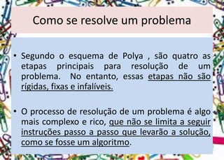 Como se resolve um problema 
•SegundooesquemadePolya,sãoquatroasetapasprincipaispararesoluçãodeumproblema.Noentanto,essasetapasnãosãorígidas,fixaseinfalíveis. 
•Oprocessoderesoluçãodeumproblemaéalgomaiscomplexoerico,quenãoselimitaaseguirinstruçõespassoapassoquelevarãoasolução, comosefosseumalgoritmo.  