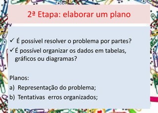 É possível resolver o problema por partes? 
É possível organizar os dados em tabelas, gráficos ou diagramas? 
Planos: 
a)Representação do problema; 
b)Tentativas erros organizados; 
2ª Etapa: elaborar um plano  