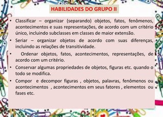 HABILIDADES DO GRUPO II 
•Classificar–organizar(separando)objetos,fatos,fenômenos, acontecimentosesuasrepresentações,deacordocomumcritérioúnico,incluindosubclassesemclassesdemaiorextensão. 
•Seriar–organizarobjetosdeacordocomsuasdiferenças, incluindoasrelaçõesdetransitividade. 
•Ordenarobjetos,fatos,acontecimentos,representações,deacordocomumcritério. 
•Conservaralgumaspropriedadesdeobjetos,figurasetc.quandootodosemodifica. 
•Comporedecomporfiguras,objetos,palavras,fenômenosouacontecimentos,acontecimentosemseusfatores,elementosoufasesetc.  
