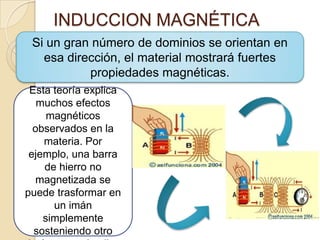 INDUCCION MAGNÉTICASi un gran número de dominios se orientan en esa dirección, el material mostrará fuertes propiedades magnéticas. Esta teoría explica muchos efectos magnéticos observados en la materia. Por ejemplo, una barra de hierro no magnetizada se puede trasformar en un imán simplemente sosteniendo otro imán cerca de ella.
