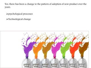 Yes, there has been a change to the pattern of adoption of new product over the
years.
psychological processes
Technological change
 