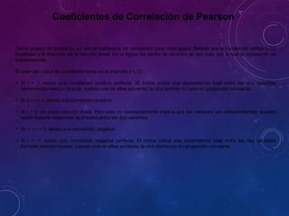 Coeficientes de Correlación de Pearson
Varios grupos de puntos (x, y), con el coeficiente de correlación para cada grupo. Nótese que la correlación refleja la no
linealidad y la dirección de la relación lineal. En la figura del centro, la varianza de yes nula, por lo que la correlación es
indeterminada.
El valor del índice de correlación varía en el intervalo [-1,1]:
 Si r = 1, existe una correlación positiva perfecta. El índice indica una dependencia total entre las dos variables
denominada relación directa: cuando una de ellas aumenta, la otra también lo hace en proporción constante.
 Si 0 < r < 1, existe una correlación positiva.
 Si r = 0, no existe relación lineal. Pero esto no necesariamente implica que las variables son independientes: pueden
existir todavía relaciones no lineales entre las dos variables.
 Si -1 < r < 0, existe una correlación negativa.
 Si r = -1, existe una correlación negativa perfecta. El índice indica una dependencia total entre las dos variables
llamada relación inversa: cuando una de ellas aumenta, la otra disminuye en proporción constante.
 