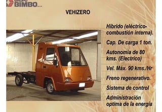 VEHIZERO

           Híbrido (eléctrico-
           combustión interna).
           Cap. De carga 1 ton.
           Autonomía de 80
           kms. (Electrico)
           Vel. Máx. 90 kms./Hr
           Freno regenerativo.
           Sistema de control
           Administración
           optima de la energía
 