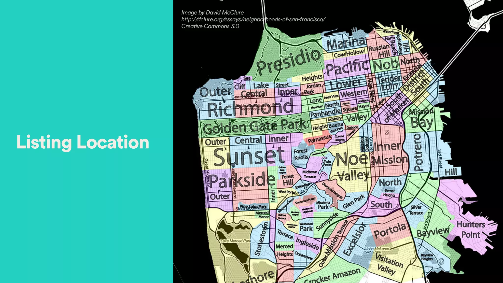 Image by David McClure
http://dclure.org/essays/neighborhoods-of-san-francisco/
Creative Commons 3.0
Listing Location
 
