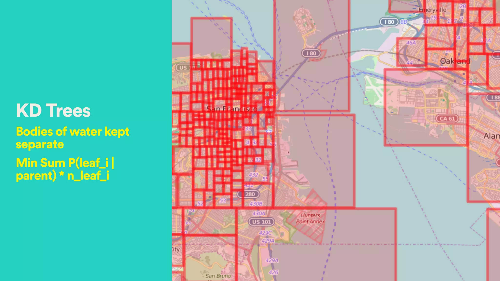 KD Trees
Bodies of water kept
separate
Min Sum P(leaf_i |
parent) * n_leaf_i
 