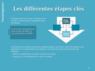 Les différentes étapes clés
       Une fois arrivé sur le site, le visiteur doit
       y rester ! Cette mesure s'appelle le taux
       de rebond.


       Un bon taux de rebond se
EXP.




       situe autour de 40%. Un
       mauvais autour de 60%.




       Une fois que le visiteur a parcouru quelques pages, vous devez avoir des étapes et un
       objectif (sur le comportement du visiteur). Le funnel de conversion peut être par
       exemple :
       - Mettre un objet dans un panier et passer un achat,
       - Souscrire à une newsletter et créer un compte …




                                                                                               10
 