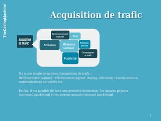 Acquisition de trafic




Il y a une jungle de moyens d'acquisition de trafic :
Référencement naturel, référencement payant, display, affiliation, réseaux sociaux,
communications adressées etc.

En fait, il est possible de faire une première distinction : les moyens payants
(outbound marketing) et les moyens gratuits (inbound marketing).




                                                                                      5
 