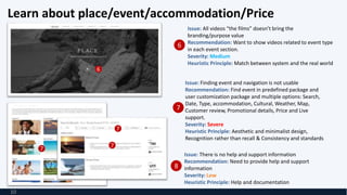 Learn about place/event/accommodation/Price
10
Issue: All videos “the films” doesn’t bring the
branding/purpose value
Recommendation: Want to show videos related to event type
in each event section.
Severity: Medium
Heuristic Principle: Match between system and the real world
Issue: Finding event and navigation is not usable
Recommendation: Find event in predefined package and
user customization package and multiple options: Search,
Date, Type, accommodation, Cultural, Weather, Map,
Customer review, Promotional details, Price and Live
support.
Severity: Severe
Heuristic Principle: Aesthetic and minimalist design,
Recognition rather than recall & Consistency and standards
6
7
6
7
7
7
Issue: There is no help and support information
Recommendation: Need to provide help and support
information
Severity: Low
Heuristic Principle: Help and documentation
8
 