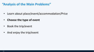 “Analysis of the Main Problems”
• Learn about place/event/accommodation/Price
• Choose the type of event
• Book the trip/event
• And enjoy the trip/event
11
 