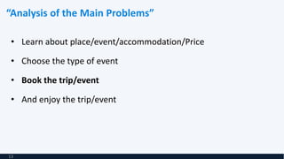 “Analysis of the Main Problems”
• Learn about place/event/accommodation/Price
• Choose the type of event
• Book the trip/event
• And enjoy the trip/event
13
 