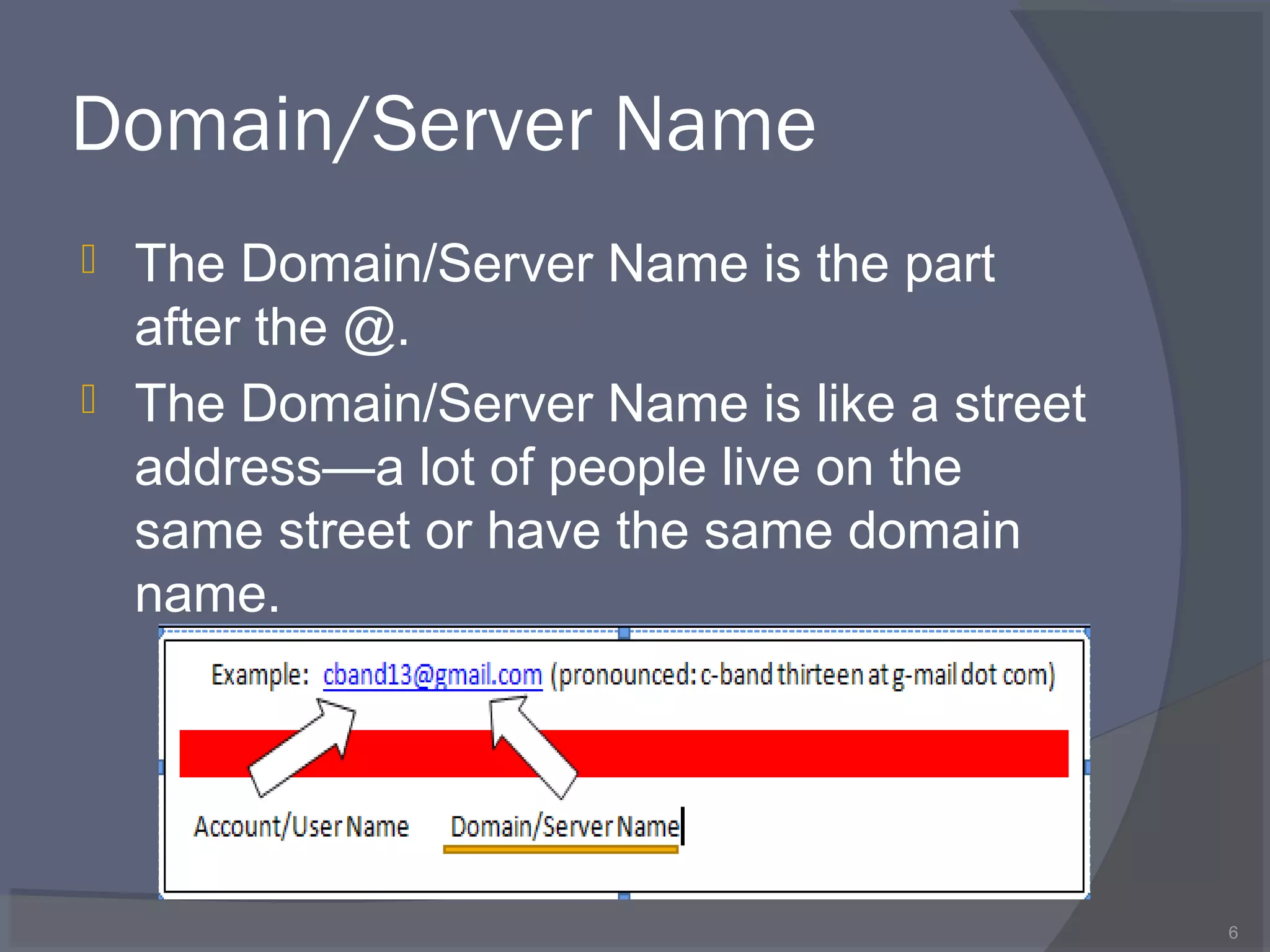 Domain/Server Name
 The Domain/Server Name is the part
after the @.
 The Domain/Server Name is like a street
address—a lot of people live on the
same street or have the same domain
name.
6
 