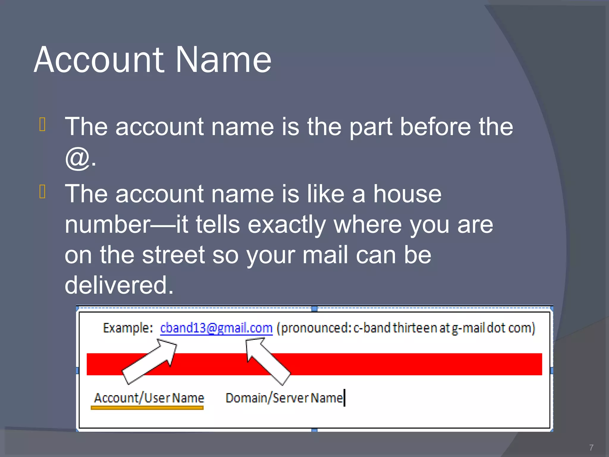 Account Name
 The account name is the part before the
@.
 The account name is like a house
number—it tells exactly where you are
on the street so your mail can be
delivered.
7
 