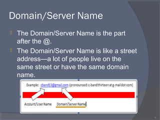 Domain/Server Name
 The Domain/Server Name is the part
after the @.
 The Domain/Server Name is like a street
address—a lot of people live on the
same street or have the same domain
name.
6
 