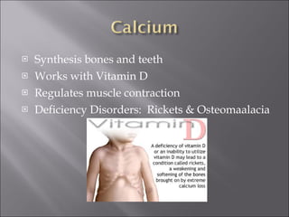 Synthesis bones and teeth Works with Vitamin D Regulates muscle contraction Deficiency Disorders:  Rickets & Osteomaalacia 