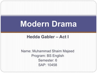 Hedda Gabler – Act I
Name: Muhammad Shaim Majeed
Program: BS English
Semester: 6
SAP: 10458
Modern Drama
 