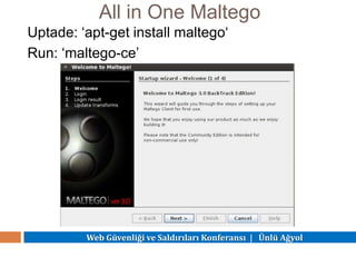 Web Güvenliği ve Saldırıları Konferansı | Ünlü Ağyol
All in One Maltego
Uptade: ‘apt-get install maltego‘
Run: ‘maltego-ce’
 