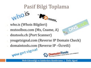 Web Güvenliği ve Saldırıları Konferansı | Ünlü Ağyol
Pasif Bilgi Toplama
- who.is (Whois Bilgileri)
- mxtoolbox.com (Mx, Cname, A)
- dnstools.ch (Port Scanner)
- yougetsignal.com (Reverse IP Domain Check)
- domaintools.com (Reverse IP –Ücretli)
 