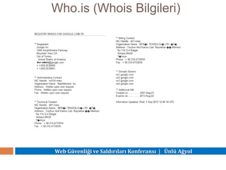 Web Güvenliği ve Saldırıları Konferansı | Ünlü Ağyol
Who.is (Whois Bilgileri)
 