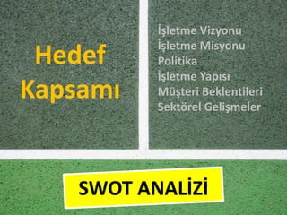 Hedef
Kapsamı
İşletme Vizyonu
İşletme Misyonu
Politika
İşletme Yapısı
Müşteri Beklentileri
Sektörel Gelişmeler
SWOT ANALİZİ
 