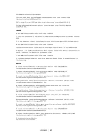 http://www.hrw.org/reports/2004/jordan0404/

23) Human Rights Watch: Honoring the killers: Justice denied for ”honor” crimes in Jordan. (2004)
http://www.hrw.org/reports/2004/jordan0404/

24) The Jordan Times samt BBC News Online: Jordan’s dilemma over ’honour killings’ 2003-09-10

25) Faqir Fadia: Intrafamily femicide in defence of honour: the case of Jordan. Third World Quarterly,
Vol 22, No 1, 2001.

libanOn

1) BBC News 2001-05-13: Beirut hosts ”honour killing” conference.

2) Samtal med representanter för The Lebanese Council to Resist Violence Against Women (LECORVAW), september
2002.

3) US State Department: Lebanon - Country Report on Human Rights Practices, March 2002. http://www.state.gov

4) BBC News 2001-05-13: Beirut hosts ”honour killing” conference.

US State Department: Lebanon - Country Report on Human Rights Practices, March 2002. http://www.state.gov

5) Moghaizel, Laure: The Arab and Mediterranean World: Legislation Towards Crimes of Honour i Empowerment and
the Law - Strategies of Third World Women (ed. Margaret Schuler)

6) BBC News 2001-05-13: Beirut hosts ”honour killing” conference.

7) Committe on the Rights of the Child, Report on the Twenty-ninth Session, Geneva, 14 January-1 February 2002.
http://www.un.org

paKiStan

1) Amnesty International, Pakistan: Insufficient protection of women. Index: ASA 33/006/2002
http://web.amnesty.org/library/index/engasa330062002

2) Amnesty International, Pakistan: Insufficient protection of women. Index: ASA 33/006/2002
http://web.amnesty.org/library/index/engasa330062002

3) Amnesty International, Media briefing: Violence against women in Pakistan. Index 33/010/2002
http://web.amnesty.org/library/index/engasa330102002

Amnesty International, Pakistan: Violence against women in the name of honour. Index ASA 33/017/1999
http://web.amnesty.org/library/index/engasa330171999

4) Amnesty International, Pakistan: Honour killings of girls and women, Index: ASA 33/018/1999
http://web.amnesty.org/library/index/engasa330181999

Amnesty International, Pakistan: Violence against women in the name of honour. Index ASA 33/017/1999
http://web.amnesty.org/library/index/engasa330171999

5) Amnesty International, Pakistan: Honour killings of girls and women, Index: ASA 33/018/1999
http://web.amnesty.org/library/index/engasa330181999

Amnesty International, Pakistan: Violence against women in the name of honour. Index ASA 33/017/1999
http://web.amnesty.org/library/index/engasa330171999

6) Amnesty International, Pakistan: Violence against women in the name of honour. Index ASA 33/017/1999
http://web.amnesty.org/library/index/engasa330171999

7) Amnesty International, Pakistan: Insufficient protection of women. Index: ASA 33/006/2002
http://web.amnesty.org/library/index/engasa330062002

8) Amnesty International, Pakistan: Violence against women in the name of honour. Index ASA 33/017/1999
http://web.amnesty.org/library/index/engasa330171999

9) Omvärldsbilder i veckan 030106-12
http://www.smvk.se/Omvarldsbilder




                                            Hedersmord         27
 