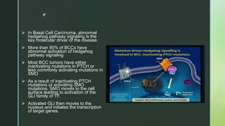 z
 In Basal Cell Carcinoma, abnormal
hedgehog pathway signaling is the
key molecular driver of the disease.
 More than 90% of BCCs have
abnormal activation of hedgehog
pathway signaling
 Most BCC tumors have either
inactivating mutations in PTCH or
less commonly activating mutations in
SMO
 As a result of inactivating PTCH
mutations or activating SMO
mutations, SMO moves to the cell
surface leading to activation of the
GLI family of TF.
 Activated GLI then moves to the
nucleus and initiates the transcription
of target genes.
 