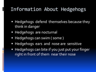 Information About Hedgehogs
 Hedgehogs defend themselves because they
think in danger
 Hedgehogs are nocturnal
 Hedgehogs can swim ( some )
 Hedgehogs ears and nose are sensitive
 Hedgehogs can bite if you just put your finger
right in front of them near their nose
 