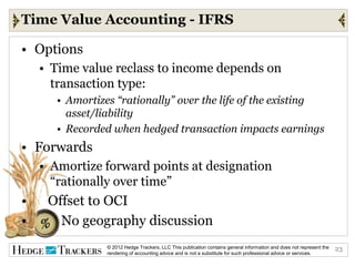 Time Value Accounting - IFRS

• Options
    • Time value reclass to income depends on
      transaction type:
       • Amortizes “rationally” over the life of the existing
         asset/liability
       • Recorded when hedged transaction impacts earnings
• Forwards
    • Amortize forward points at designation
      “rationally over time”
•    Offset to OCI
•      No geography discussion
                 © 2012 Hedge Trackers, LLC This publication contains general information and does not represent the   23
                 rendering of accounting advice and is not a substitute for such professional advice or services.
 