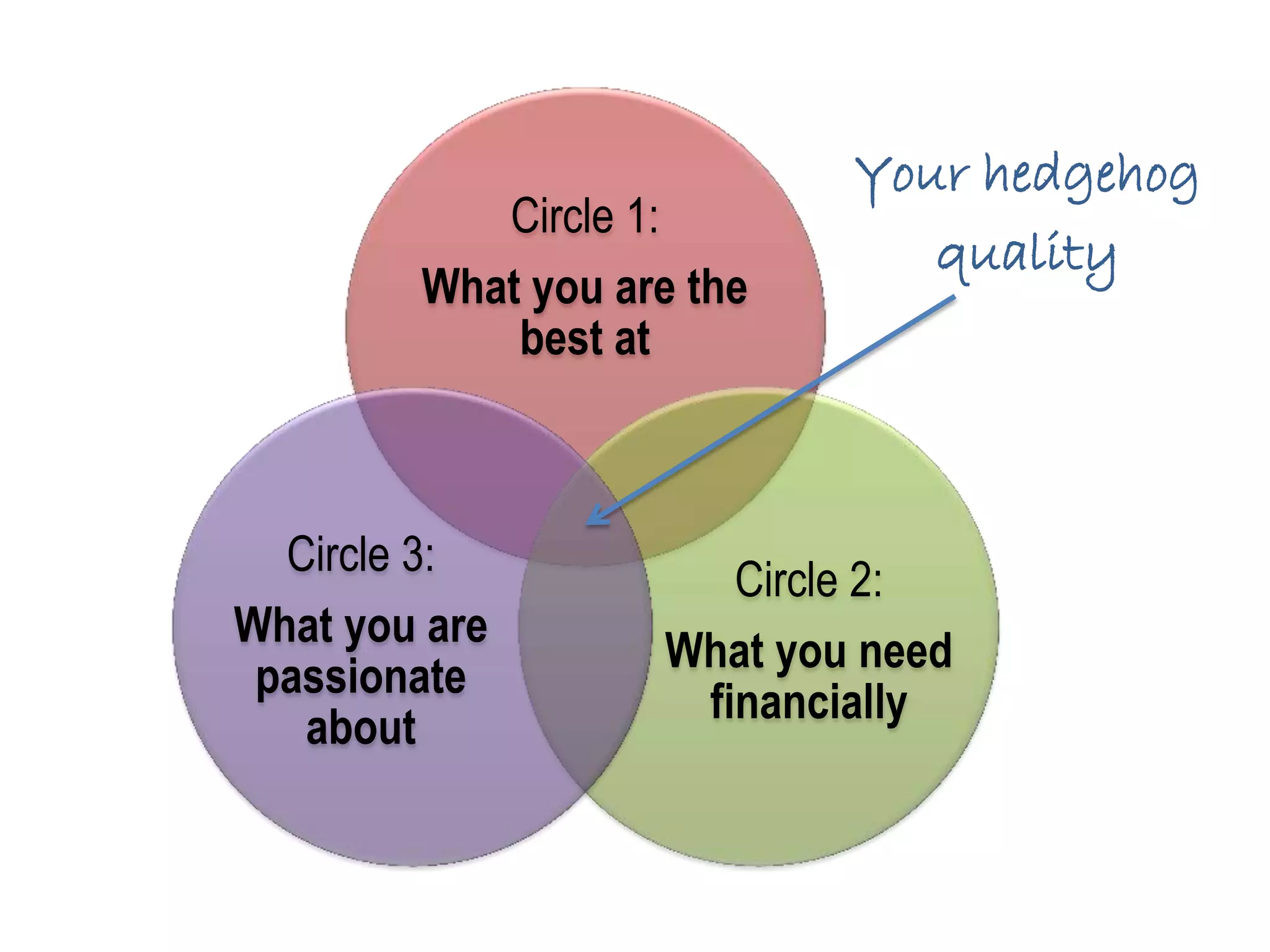 Your hedgehog
           Circle 1:
                              quality
        What you are the
            best at



  Circle 3:
                      Circle 2:
What you are
                   What you need
 passionate
                    financially
   about
 