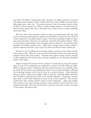and short US dollars is particularly risky, because it is highly positively correlated
with global stock markets. Figure 8 shows that this is the portfolio with the largest
full-sample beta, above 0.6. It provides investors with an average positive return
of about 1.2% per annum (see Table 1) which, though positive, is located below the
ﬁtted security market line and is well below the average return on other portfolios
with lower betas.

   We have shown that portfolios which are long euro-denominated bills also help
investors attenuate ﬂuctuations in global stock portfolios, because the euro tends to
covary negatively with global equity returns. Conversely, portfolios which are short
euros and long other currencies are positively correlated with global equities. These
are the points corresponding to the euro pairs shown in Figure 8. As expected, these
portfolios all exhibit positive betas. While their average excess returns exhibit a
positive relation with betas, they tend to lie below the ﬁtted security market line.

    Overall, we do see diﬀerences in average realized currency returns that correlate
with currency risks. However, in the case of the US dollar and the euro, these average
realized returns have been modest. Investors who expect average currency returns
of this magnitude will still tilt their currency portfolios in the directions identiﬁed
earlier in the paper.

    Figure 9 repeats the exercise shown in Figure 8, except that it treats all currency
pairs in each of the subperiods we considered in section 4.3 (1975—1989 and 1990—
2005) as separate assets. Consistent with the results of section 4.3, portfolios which
are short the euro tend to be signiﬁcantly riskier in the second subsample, reﬂecting
the increasing tendency of the euro to move as a reserve currency. Also consistent
with our earlier results, the portfolio which is long the Canadian dollar and short
the US dollar is somewhat less risky in the second subperiod. In general, currency
pairs show a much wider dispersion in betas in the second subperiod. The security
market lines have modest positive slopes in both subperiods. Again this implies
that investors who expect average currency returns similar to those that have been
realized historically will tend to hold reserve currencies and short normal currencies
in the manner discussed earlier.




                                          30
 