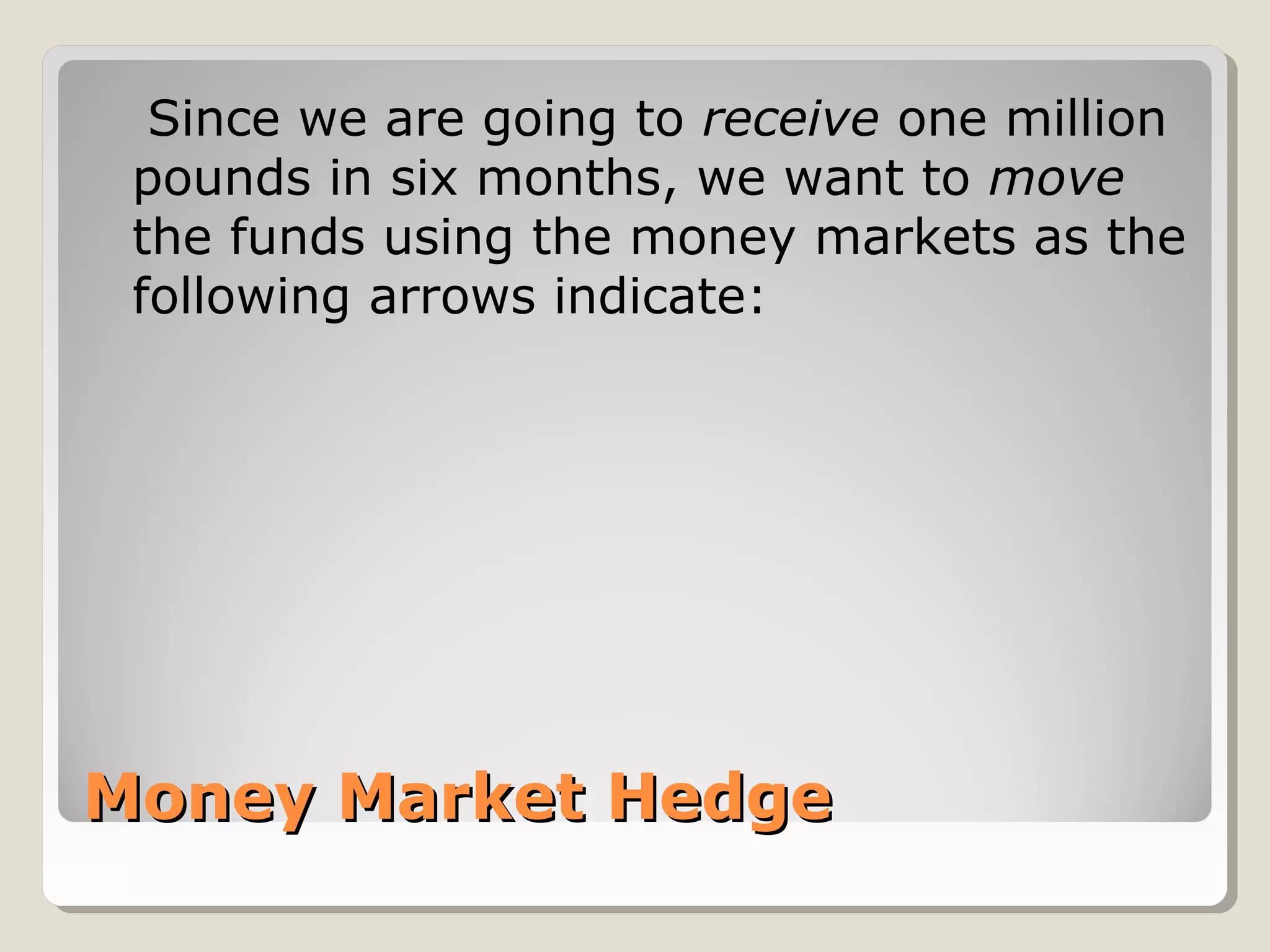 Money Market HedgeMoney Market Hedge
Since we are going to receive one million
pounds in six months, we want to move
the funds using the money markets as the
following arrows indicate:
 