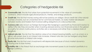Categories of hedgeable risk
 Commodity risk: the risk that arises from potential movements in the value of commodity
contracts, which include agricultural products, metals, and energy products.
 Credit risk: the risk that money owing will not be paid by an obligor. Since credit risk is the natural
business of banks, but an unwanted risk for commercial traders, an early market developed
between banks and traders that involved selling obligations at a discounted rate.
 Currency risk (also known as Foreign Exchange Risk hedging) is used both by financial investors to
deflect the risks they encounter when investing abroad and by non-financial actors in the global
economy for whom multicurrency activities are a necessary evil rather than a desired state of
exposure.
 Interest rate risk: the risk that the relative value of an interest-bearing liability, such as a loan or a
bond, will worsen due to an interest rate increase. Interest rate risks can be hedged using fixed-
income instruments or interest rate swaps.
 Equity risk: the risk that one's investments will depreciate because of stock market dynamics
causing one to lose money.
 Volatility risk: is the threat that an exchange rate movement poses to an investor's portfolio in a
foreign currency.
 
