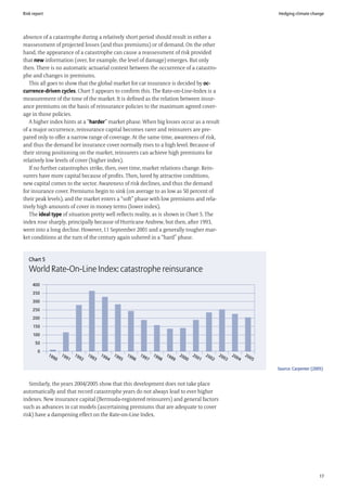 Risk report                                                                                                                                                                   Hedging climate change




absence of a catastrophe during a relatively short period should result in either a
reassessment of projected losses (and thus premiums) or of demand. On the other
hand, the appearance of a catastrophe can cause a reassessment of risk provided
that new information (over, for example, the level of damage) emerges. But only
then. There is no automatic actuarial context between the occurrence of a catastro-
phe and changes in premiums.
   This all goes to show that the global market for cat insurance is decided by oc-
currence-driven cycles. Chart 5 appears to confirm this. The Rate-on-Line-Index is a
measurement of the tone of the market. It is defined as the relation between insur-
ance premiums on the basis of reinsurance policies to the maximum agreed cover-
age in those policies.
   A higher index hints at a “harder” market phase. When big losses occur as a result
of a major occurrence, reinsurance capital becomes rarer and reinsurers are pre-
pared only to offer a narrow range of coverage. At the same time, awareness of risk,
and thus the demand for insurance cover normally rises to a high level. Because of
their strong positioning on the market, reinsurers can achieve high premiums for
relatively low levels of cover (higher index).
   If no further catastrophes strike, then, over time, market relations change. Rein-
surers have more capital because of profits. Then, lured by attractive conditions,
new capital comes to the sector. Awareness of risk declines, and thus the demand
for insurance cover. Premiums begin to sink (on average to as low as 50 percent of
their peak levels), and the market enters a “soft” phase with low premiums and rela-
tively high amounts of cover in money terms (lower index).
   The ideal type of situation pretty well reflects reality, as is shown in Chart 5. The
index rose sharply, principally because of Hurricane Andrew, but then, after 1993,
went into a long decline. However, 11 September 2001 and a generally tougher mar-
ket conditions at the turn of the century again ushered in a “hard” phase.



   Chart 5
   World Rate-On-Line Index: catastrophe reinsurance
     400
     350
     300
     250
     200
     150
     100
      50
       0
              19        19        19        19        19        19        19        19        19        19        20        20        20        20        20        20
                   90        91        92        93        94        95        96        97        98        99        00        01        02        03        04        05

                                                                                                                                                                              Source: Carpenter (2005)


   Similarly, the years 2004/2005 show that this development does not take place
automatically and that record catastrophe years do not always lead to ever higher
indexes. New insurance capital (Bermuda-registered reinsurers) and general factors
such as advances in cat models (ascertaining premiums that are adequate to cover
risk) have a dampening effect on the Rate-on-Line Index.




                                                                                                                                                                                                    17
 