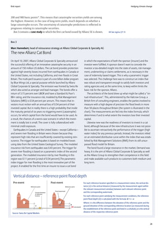 Risk report                                                                                                                                              Hedging climate change




200 and 900 basic points44. This means that catastrophe securities yields are among
the highest. However, in the case of long-term yields, much depends on whether a
large catastrophe occurs. The uncertainty of catastrophe predictions is reflected in
prognoses relating to catastrophe securities.
   Box 3 contains a case study in which the first cat bond issued by Allianz SE is shown.                                   44 See sigma 2/7: 9



Box 3

Marc Hannebert, head of reinsurance strategy at Allianz Global Corporate & Specialty AG
The new Allianz Cat Bond
On April 10, 2007, Allianz Global Corporate & Specialty announced                            in which the expectations of both the sponsor (insurer) and the
the successful offering of an innovative catastrophe security in an                          investor were fulfilled. A sponsor doesn’t want to concede the
amount of 150 million US dollars. The cat bond provides protection                           investor a too-detailed insight into the state of assets, risk manage-
against high severity losses incurred from earthquakes in Canada or                          ment, underwriting or claims settlements, as is necessary in the
the United States, not including California, and river floods in Great                       case of indemnity based trigger. This is why a parametric trigger
Britain. The multi-peril issuance is part of a one billion dollar program                    was selected. The challenge here was to construct an index that
by Blue Wings Ltd, a special purpose vehicle launched by Allianz                             was robust and transparent enough to satisfy both investors and
Global Corporate & Specialty. The emission was fronted by Swiss Re                           rating agencies and, at the same time, to keep within limits the
which also acted as arranger and lead manager. The bonds offer a                             basic risk for the sponsor, Allianz.
return of 3.15 percent over LIBOR and have a Standard & Poor’s                                  The architects of the bond drew up what might be called a “vir-
BB+ rating, and the insurance risk, modeled by Risk Management                               tual infrastructure”. This, administered by the Halcrow Group, a
Solutions (MRS) is 0.54 percent per annum. This means that in-                               British firm of consulting engineers, enables the parties involved to
vestors must reckon with an annual loss of 0.54 percent of their                             measure with a high degree of precision the flood levels in more
invested capital. But in reality there is a high probability that inside                     than 50 places throughout Britain (the system is illustrated in the
the maturity period of six years no triggering event (catastrophe)                           chart). The measurements are fed into the index formula, which
occurs, for which capital from the bond would have to be used. As                            determines if and to what extent the investors lose their invested
a result, the chances of a worst-case scenario in which the invest-                          capital.
ment is totally lost is small. The cover is fully collateralized with                           Likewise new was the readiness of investors to invest in a cat
minimal credit exposure.                                                                     bond, although because of the new infrastructure it was not possi-
   Earthquakes in Canada and the United States – except California –                         ble to ascertain retroactively the performance of the trigger (high
and severe river flooding in Britain were chosen because they                                water index) for any previous periods. Instead, the investors relied
represent high risks that are insufficiently covered by existing rein-                       on an estimated distributive curve within the index that was estab-
surance. The trigger for earthquakes is based on modeled losses                              lished by Risk Management Solutions (RMS) from its still unsur-
using data from the United States Geological Survey. The modeled                             passed flood model for Britain.
insurance risk from earthquakes was 0.43 percent. The trigger for                               The bond found a large resonance in the market. Demand was
severe river flooding is based on a parametric index of the second                           heavy. It is the aim of Allianz Global Corporate & Specialty as well
generation. The modeled insurance risk by river flooding in this                             as the Allianz Group to strengthen their competence in this field
region was 0.11 percent (a total of 0.54 percent).The parametric                             and make available such products to customers both medium and
index trigger for river flooding is the most innovative part of the                          long term.
project. It enabled for the first time an insurer to issue a cat bond



  Vertical distance – reference point flood depth
  Pre-event                                    Post-event                                   For each reference location specified in a measurement notice, the vertical dis-
                      Reference point                           Reference point             tance (v) is the vertical distance (measured by the measurement agent within
                                                                                            the relevant measurement window) between each relevant reference point
                                                  Flood watermark
                            Ground elevation                                                and the corresponding watermark.
                            of reference
                            location                                                        For each reference point satisfying the measurement conditions, the reference
                                                                                            point flood depth (d) is calculated with the formula: d = r – v
                                                                                            Where: r is the difference between the elevation of the reference point and the
                                                                        v
                             r                                                              ground elevation of the corresponding reference location (as measured during
                                                                         } d (calculated)
                                                                                            the establishment of the reference point and listed in a schedule), v is the vertical
                                                                                            distance of the respective reference point
 Source: Swiss Re Capital Markets




                                                                                                                                                                                    28
 