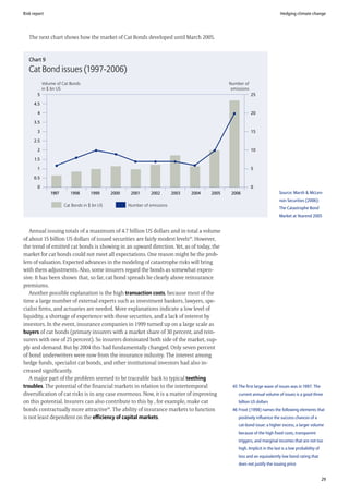 Risk report                                                                                                                  Hedging climate change




   The next chart shows how the market of Cat Bonds developed until March 2005.



   Chart 9
   Cat Bond issues (1997-2006)
            Volume of Cat Bonds                                                                 Number of
            in $ bn US                                                                           emissions
       5                                                                                                     25

     4.5

       4                                                                                                     20

     3.5

       3                                                                                                     15

     2.5

       2                                                                                                     10

      1.5

       1                                                                                                     5

     0.5

       0                                                                                                     0
                1997      1998      1999      2000    2001      2002       2003   2004   2005    2006                        Source: Marsh & McLen-
                                                                                                                             non Securities (2006):
                       Cat Bonds in $ bn US          Number of emissions
                                                                                                                             The Catastrophe Bond
                                                                                                                             Market at Yearend 2005


   Annual issuing totals of a maximum of 4.7 billion US dollars and in total a volume
of about 15 billion US dollars of issued securities are fairly modest levels45. However,
the trend of emitted cat bonds is showing in an upward direction. Yet, as of today, the
market for cat bonds could not meet all expectations. One reason might be the prob-
lem of valuation. Expected advances in the modeling of catastrophe risks will bring
with them adjustments. Also, some insurers regard the bonds as somewhat expen-
sive. It has been shown that, so far, cat bond spreads lie clearly above reinsurance
premiums.
   Another possible explanation is the high transaction costs, because most of the
time a large number of external experts such as investment bankers, lawyers, spe-
cialist firms, and actuaries are needed. More explanations indicate a low level of
liquidity, a shortage of experience with these securities, and a lack of interest by
investors. In the event, insurance companies in 1999 turned up on a large scale as
buyers of cat bonds (primary insurers with a market share of 30 percent, and rein-
surers with one of 25 percent). So insurers dominated both side of the market, sup-
ply and demand. But by 2004 this had fundamentally changed. Only seven percent
of bond underwriters were now from the insurance industry. The interest among
hedge funds, specialist cat bonds, and other institutional investors had also in-
creased significantly.
   A major part of the problem seemed to be traceable back to typical teething
troubles. The potential of the financial markets in relation to the intertemporal                45 The first large wave of issues was in 1997. The
diversification of cat risks is in any case enormous. Now, it is a matter of improving              current annual volume of issues is a good three
on this potential. Insurers can also contribute to this by , for example, make cat                  billion US dollars
bonds contractually more attractive46. The ability of insurance markets to function              46 Froot (1998) names the following elements that
is not least dependent on the efficiency of capital markets.                                        positively influence the success chances of a
                                                                                                    cat-bond issue: a higher excess, a larger volume
                                                                                                    because of the high fixed costs, transparent
                                                                                                    triggers, and marginal incomes that are not too
                                                                                                    high. Implicit in the last is a low probability of
                                                                                                    loss and an equivalently low bond rating that
                                                                                                    does not justify the issuing price


                                                                                                                                                         29
 
