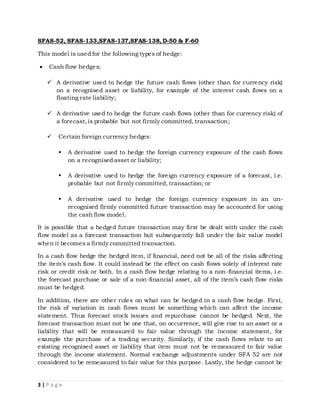 3 | P a g e
SFAS-52, SFAS-133,SFAS-137,SFAS-138, D-50 & F-60
This model is used for the following types of hedge:
 Cash flow hedges;
 A derivative used to hedge the future cash flows (other than for currency risk)
on a recognised asset or liability, for example of the interest cash flows on a
floating rate liability;
 A derivative used to hedge the future cash flows (other than for currency risk) of
a forecast,is probable but not firmly committed, transaction;
 Certain foreign currency hedges:
 A derivative used to hedge the foreign currency exposure of the cash flows
on a recognised asset or liability;
 A derivative used to hedge the foreign currency exposure of a forecast, i.e.
probable but not firmly committed, transaction; or
 A derivative used to hedge the foreign currency exposure in an un-
recognised firmly committed future transaction may be accounted for using
the cash flow model.
It is possible that a hedged future transaction may first be dealt with under the cash
flow model as a forecast transaction but subsequently fall under the fair value model
when it becomes a firmly committed transaction.
In a cash flow hedge the hedged item, if financial, need not be all of the risks affecting
the item’s cash flow. It could instead be the effect on cash flows solely of interest rate
risk or credit risk or both. In a cash flow hedge relating to a non-financial items, i.e.
the forecast purchase or sale of a non-financial asset, all of the item’s cash flow risks
must be hedged.
In addition, there are other rules on what can be hedged in a cash flow hedge. First,
the risk of variation in cash flows must be something which can affect the income
statement. Thus forecast stock issues and repurchase cannot be hedged. Next, the
forecast transaction must not be one that, on occurrence, will give rise to an asset or a
liability that will be remeasured to fair value through the income statement, for
example the purchase of a trading security. Similarly, if the cash flows relate to an
existing recognised asset or liability that item must not be remeasured to fair value
through the income statement. Normal exchange adjustments under SFA 52 are not
considered to be remeasured to fair value for this purpose. Lastly, the hedge cannot be
 