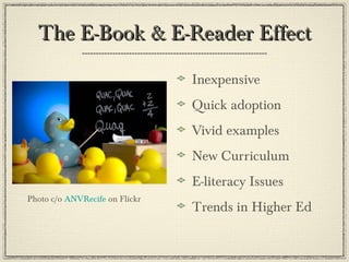 The E-Book & E-Reader EffectThe E-Book & E-Reader Effect
Inexpensive
Quick adoption
Vivid examples
New Curriculum
E-literacy Issues
Trends in Higher Ed
Photo c/o ANVRecife on Flickr
 