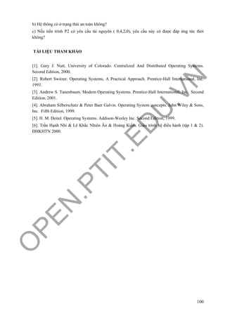 O
PEN
.PTIT.ED
U
.VN
100
b) Hệ thông có ở trạng thái an toàn không?
c) Nếu tiến trình P2 có yêu cầu tài nguyên ( 0,4,2,0), yêu cầu này có được đáp ứng tức thời
không?
TÀI LIỆU THAM KHẢO
[1]. Gary J. Nutt, University of Colorado. Centralized And Distributed Operating Systems.
Second Edition, 2000.
[2]. Robert Switzer. Operating Systems, A Practical Approach. Prentice-Hall International, Inc.
1993.
[3]. Andrew S. Tanenbaum. Modern Operating Systems. Prentice-Hall International, Inc. Second
Edition, 2001.
[4]. Abraham Silberschatz & Peter Baer Galvin. Operating System concepts. John Wiley & Sons,
Inc. Fifth Edition, 1999.
[5]. H. M. Deitel. Operating Systems. Addison-Wesley Inc. Second Edition, 1999.
[6]. Trần Hạnh Nhi & Lê Khắc Nhiên Ân & Hoàng Kiếm. Giáo trình hệ điều hành (tập 1 & 2).
ĐHKHTN 2000.
 
