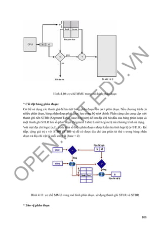 O
PEN
.PTIT.ED
U
.VN
108
Hình 4.10: cơ chế MMU trong mô hình phân đoạn
* Cài đặt bảng phân đoạn:
Có thể sử dụng các thanh ghi để lưu trữ bảng phân đoạn nếu có ít phân đoạn. Nếu chương trình có
nhiều phân đoạn, bảng phân đoạn phải được lưu trong bộ nhớ chính. Phần cứng cần cung cấp một
thanh ghi nền STBR (Segment Table Base Register) để lưu địa chỉ bắt đầu của bảng phân đoạn và
một thanh ghi STLR lưu số phân đoạn (Segment Table Limit Register) mà chương trình sử dụng.
Với một địa chỉ logic (s,d), trước tiên số hiệu phân đoạn s được kiểm tra tính hợp lệ (s<STLR). Kế
tiếp, cộng giá trị s với STBR (STBR+s) để có được địa chỉ của phần tử thứ s trong bảng phân
đoạn và điạ chỉ vật lý cuối cùng là (base + d)
Hình 4.11: cơ chế MMU trong mô hình phân đoạn. sử dụng thanh ghi STLR và STBR
* Bảo vệ phân đoạn
 
