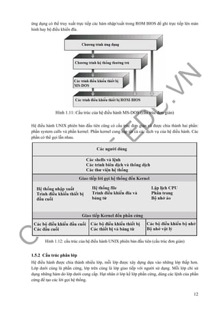 O
PEN
.PTIT.ED
U
.VN
12
ứng dụng có thể truy xuất trực tiếp các hàm nhập/xuất trong ROM BIOS để ghi trực tiếp lên màn
hình hay bộ điều khiển đĩa.
Hình 1.11: Cấu trúc của hệ điều hành MS-DOS (cấu trúc đơn giản)
Hệ điều hành UNIX phiên bản đầu tiên cũng có cấu trúc đơn giản và được chia thành hai phần:
phần system calls và phần kernel. Phần kernel cung cấp tất cả các dịch vụ của hệ điều hành. Các
phần có thể gọi lẫn nhau.
Hình 1.12: cấu trúc của hệ điều hành UNIX phiên bản đầu tiên (cấu trúc đơn giản)
1.5.2 Cấu trúc phân lớp
Hệ điều hành được chia thành nhiều lớp, mỗi lớp được xây dựng dựa vào những lớp thấp hơn.
Lớp dưới cùng là phần cứng, lớp trên cùng là lớp giao tiếp với người sử dụng. Mỗi lớp chỉ sử
dụng những hàm do lớp dưới cung cấp. Hạt nhân ở lớp kế lớp phần cứng, dùng các lệnh của phần
cứng để tạo các lời gọi hệ thống.
 